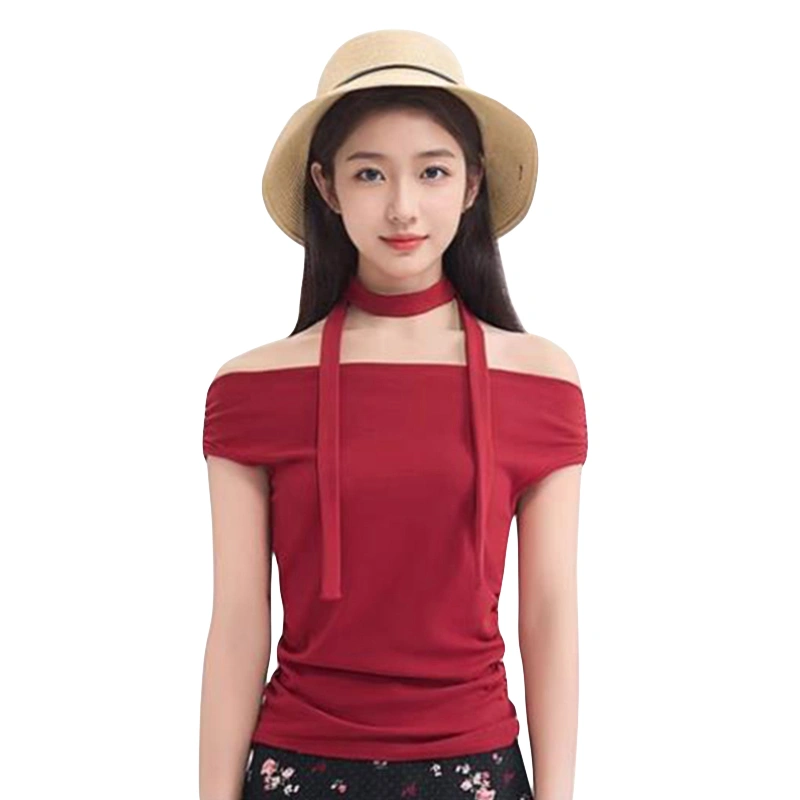 Women Ruched Off Shoulder Tops Slim Short Sleeve Crop T-Shirt with Scarf