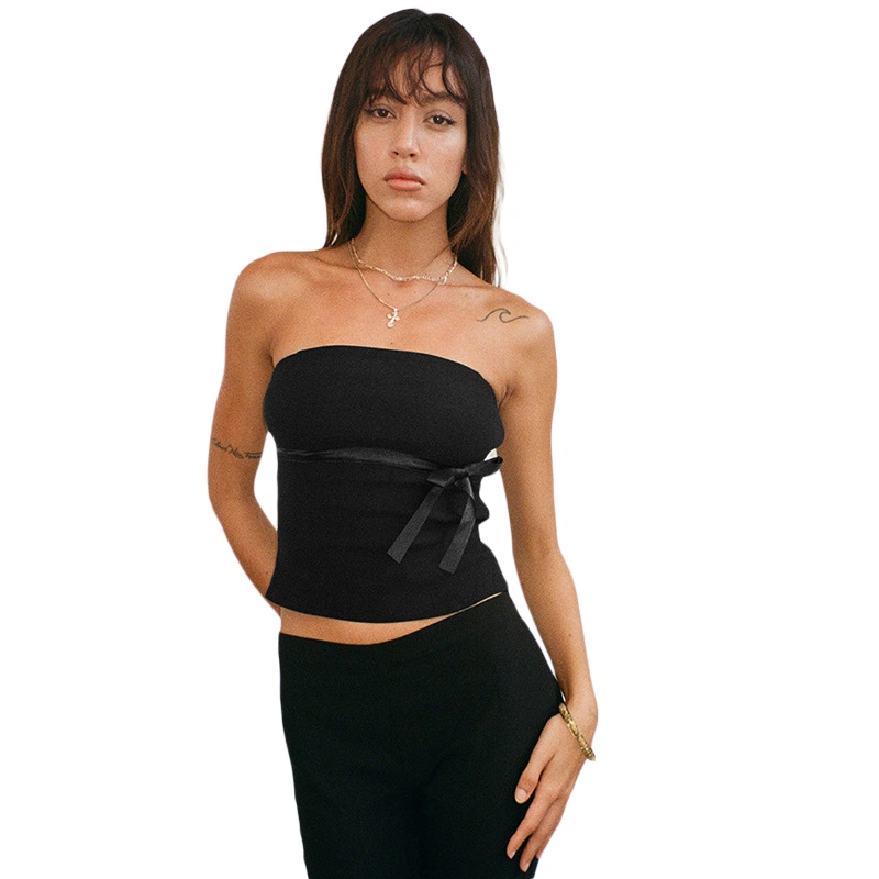 Women Tube Tops 3D Bow Boat Neck Slim Fit Strapless Tank Tops