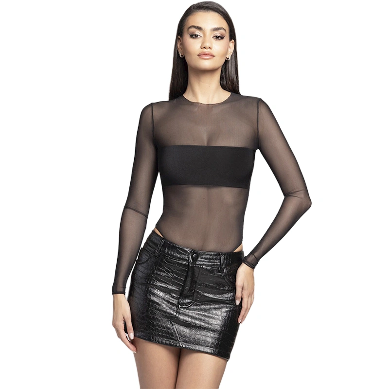 Women Mesh Bodysuits T-Shirt See-Through Long Sleeve Jumpsuits 