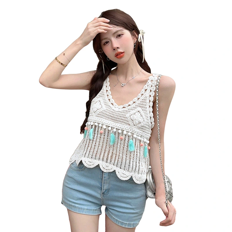 Women Knit Tank Tops Hollow Eyelet Floral Ball Tassel Wavy Hem Vest