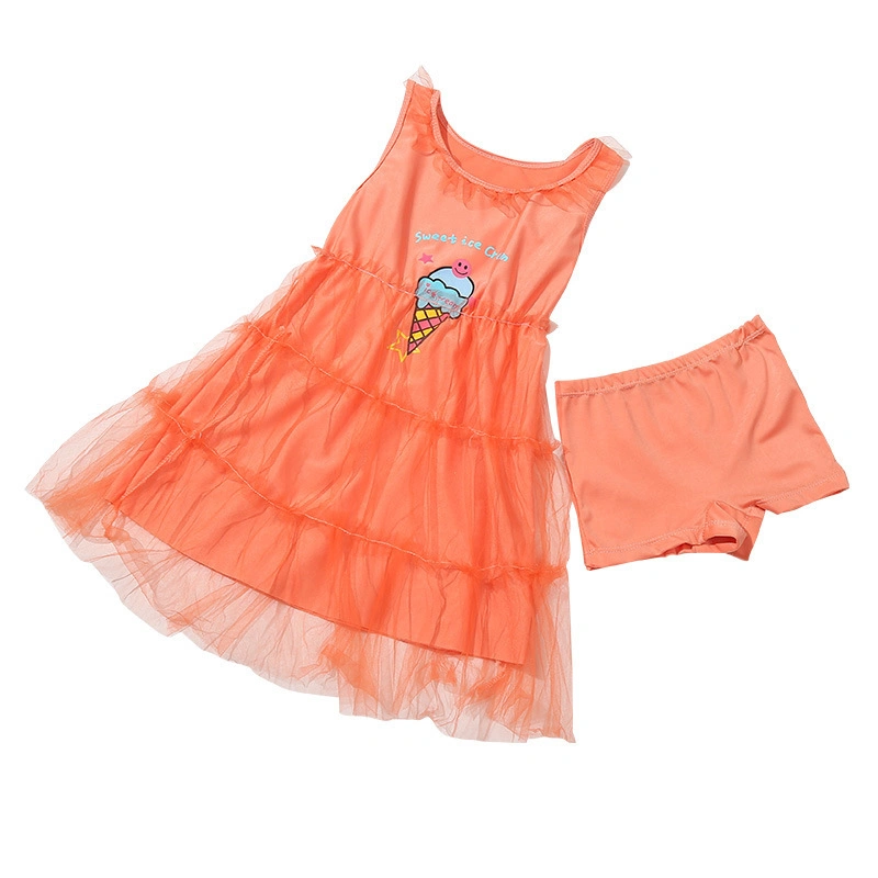 Little Girl Swimsuit Set, Sleeveless Patchwork Mesh Swim Dress Shorts 