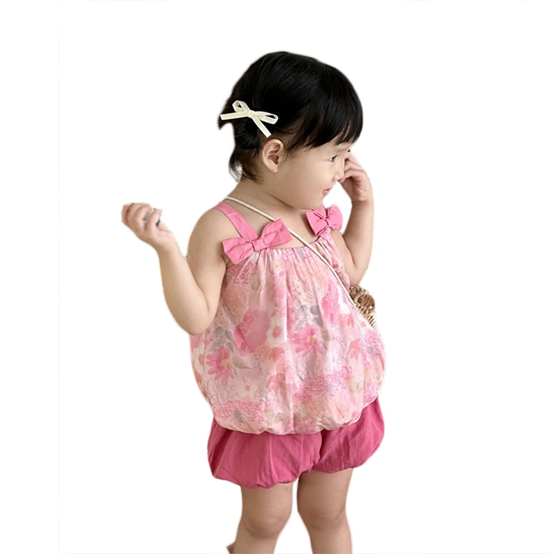 Kids Girls Shorts Set, Bow Flower Print Camisole with Shorts