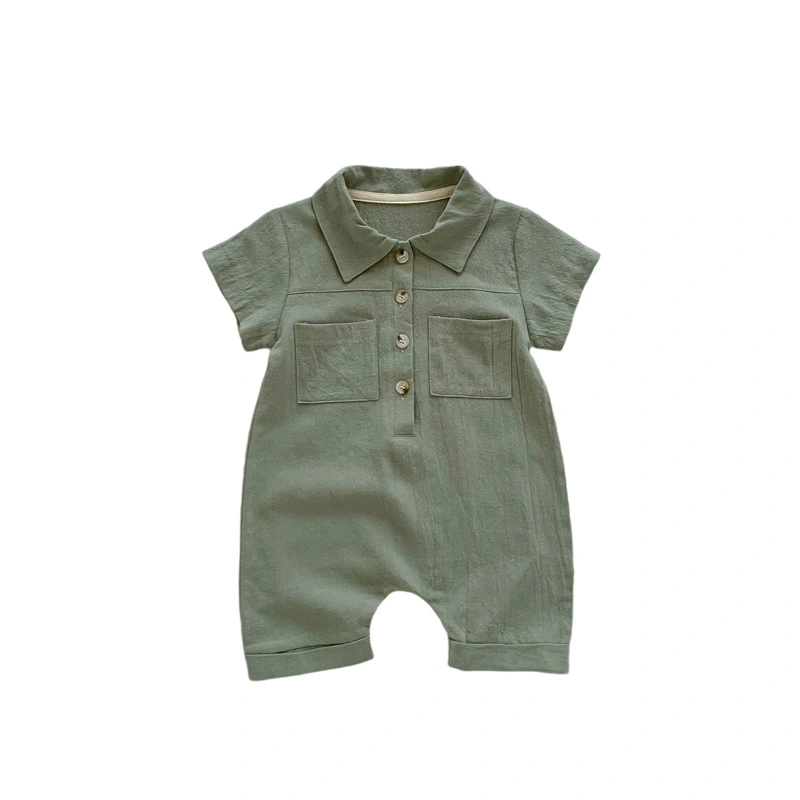 Boy Summer Jumpsuit Short Sleeve Lapel Button Up Solid Color Romper