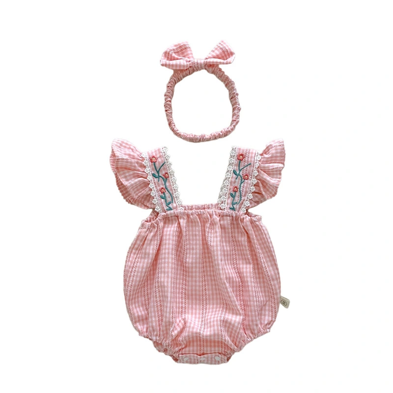 Baby Girls Romper Flower Embroidery Plaid Bodysuits with Headband