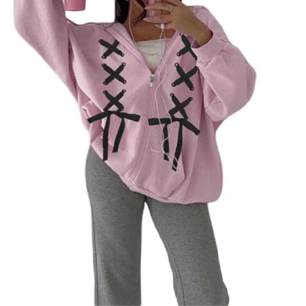 Women Zip up Hoodies Cross Tie up Bow Loose Hooded Sweatshirt Jacket