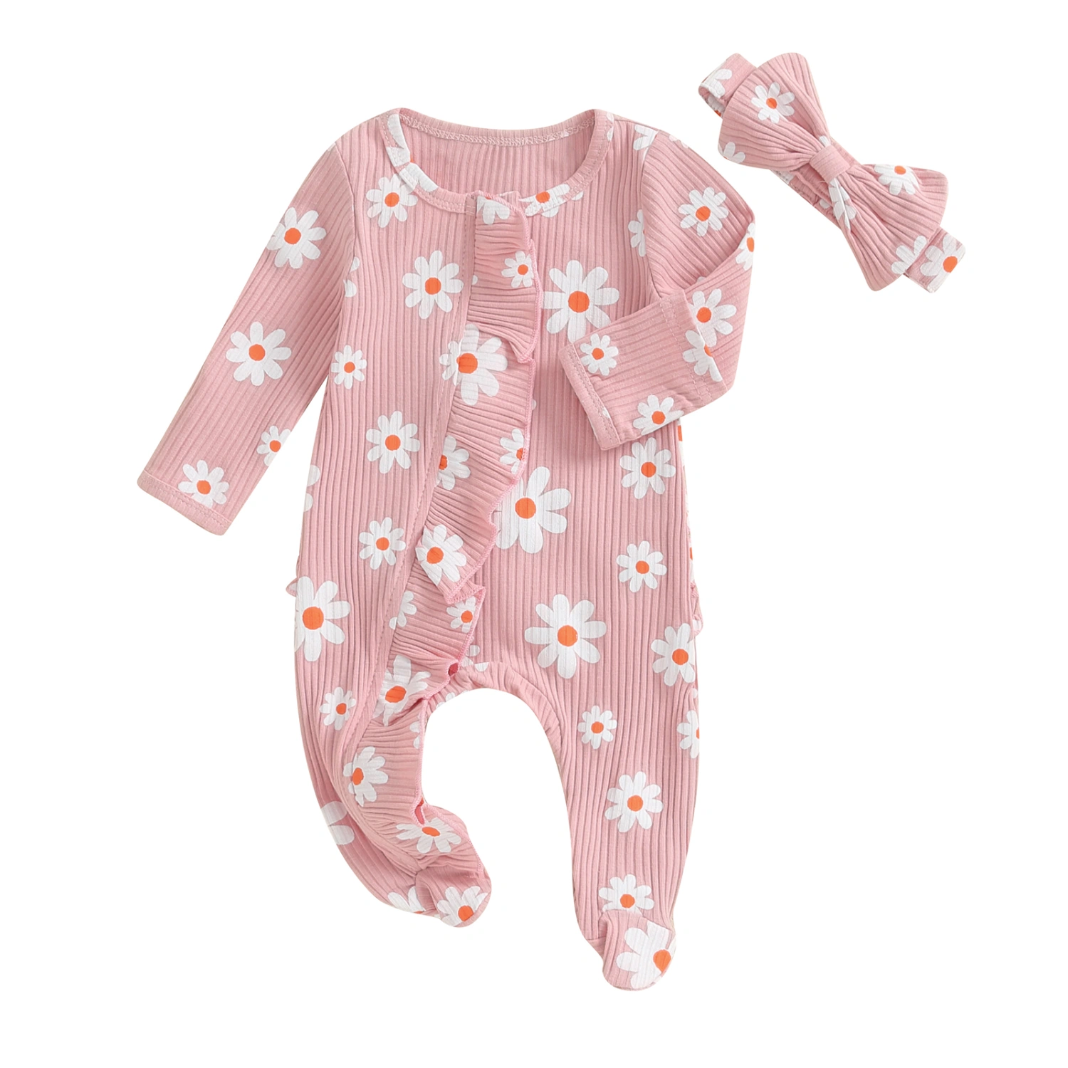 Baby Girl Footies Rompers Flower Print Jumpsuits with Headband