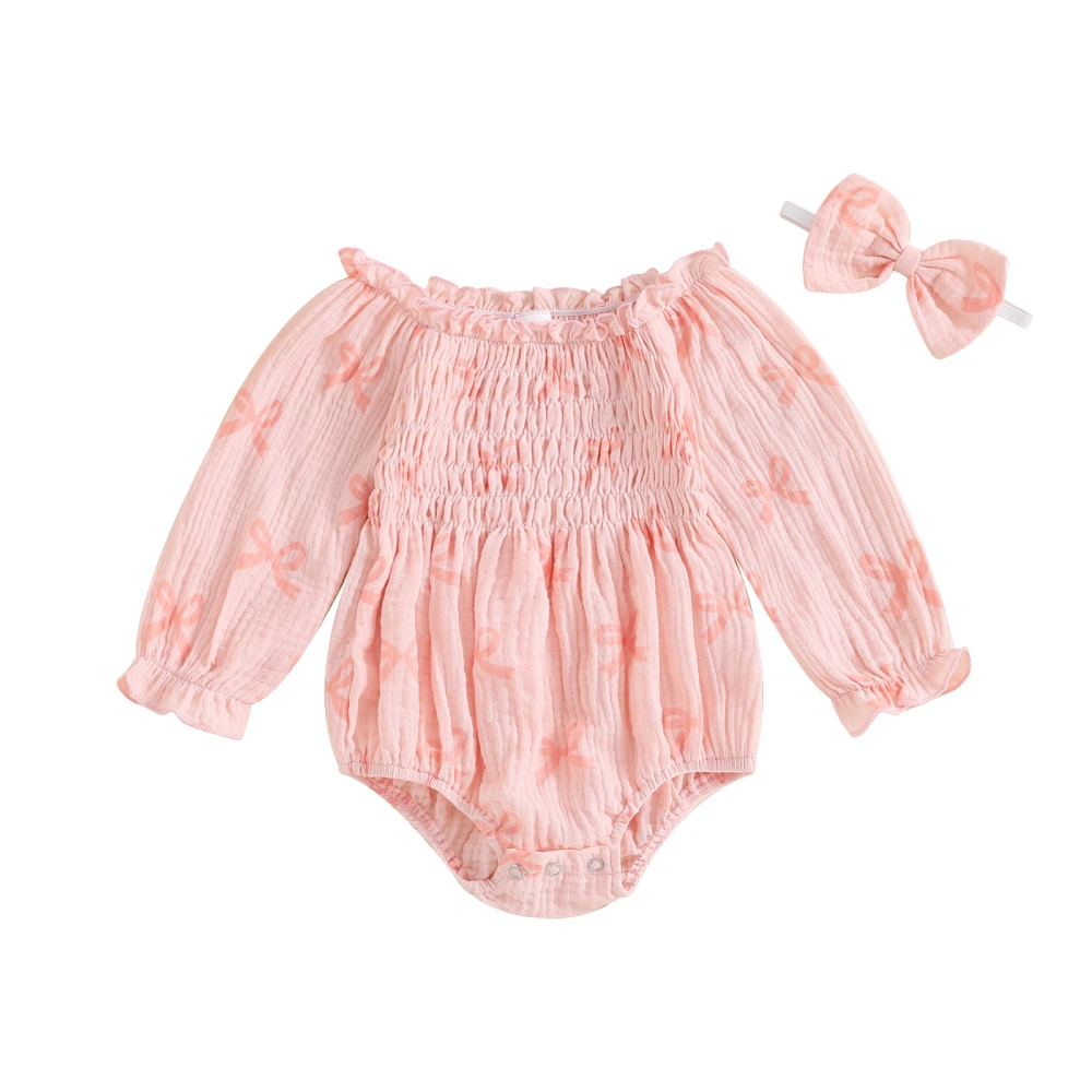 Baby Girl Fall Outfit, Frill Shirred Long Sleeve Romper Bow Headband 