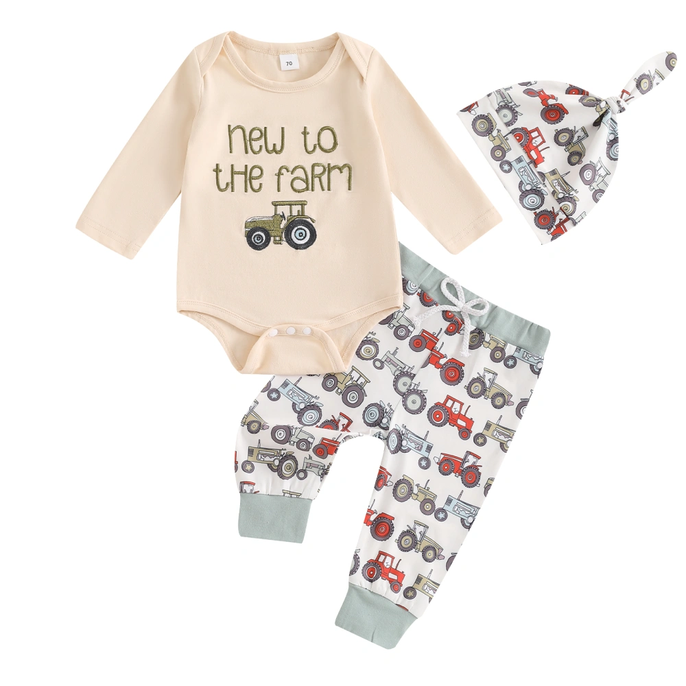 Baby Boys Pants Set, Embroidery Romper with Tractor Print Pants Hat