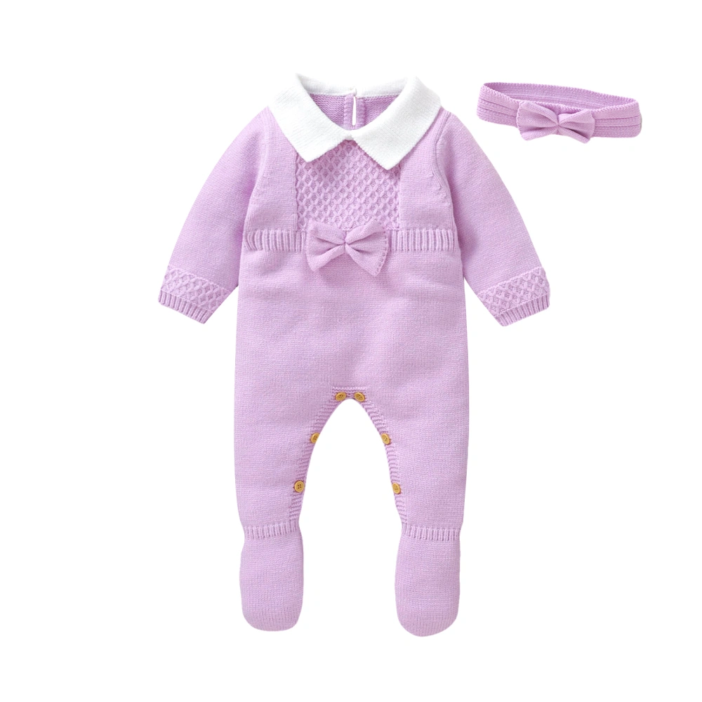 Baby Girl Knit Romper Long Sleeve Bow Front Footed Jumpsuit Headband