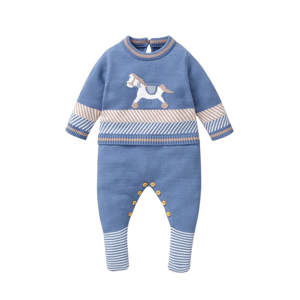 Baby Boy Knit Romper Horse Jacquard Long Sleeve Full Length Jumpsuit 