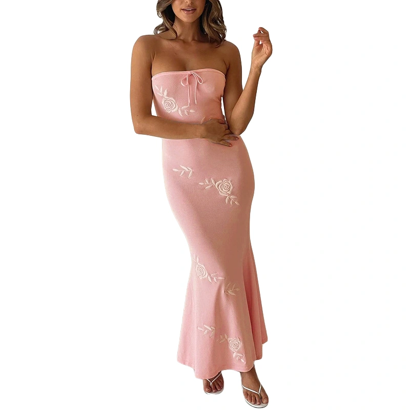 Women Tube Bodycon Long Dress Rose Embroidery Bow Boat Neck Dresses