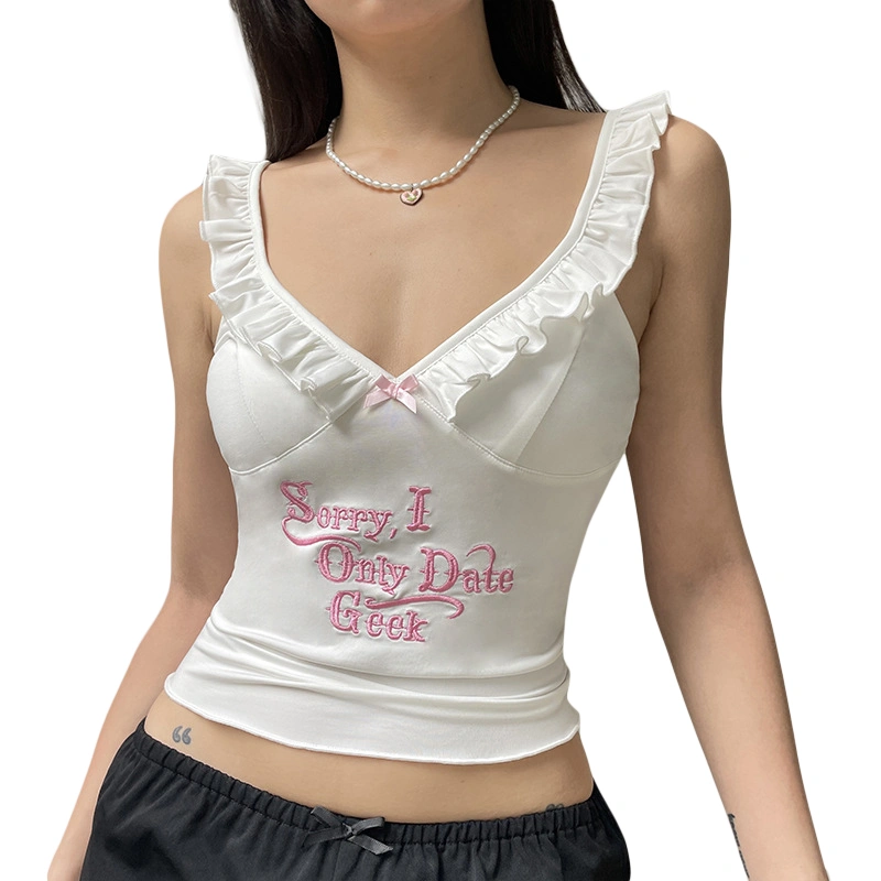 Women Crop Tank Tops Embroidery V Neck Frill Trim Sleeveless Shirt 