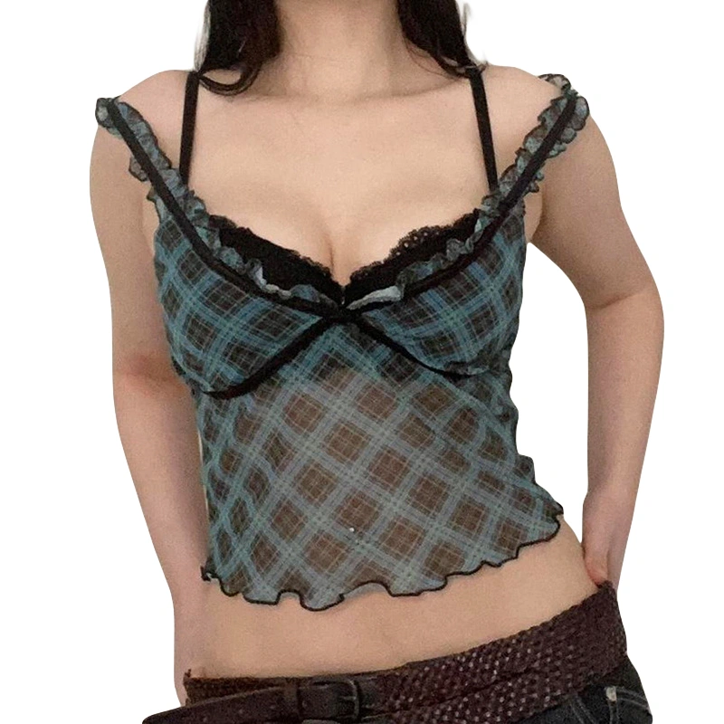 Women Cropped Tank Tops Plaid Print Lace Patchwork Sleeveless Shirt 