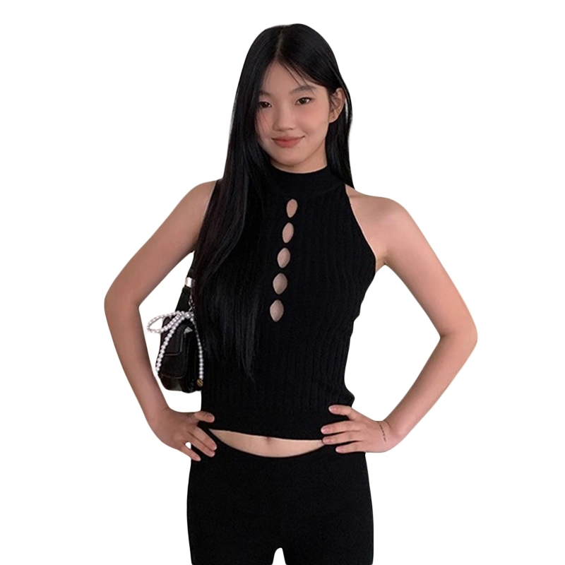 Women Rib Knit Tank Tops Hollow Out Mock Neck Sleeveless Crop Shirt 