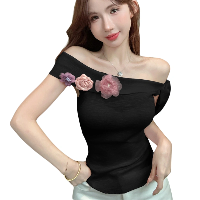 Women Off-Shoulder Knitted Tops Tie Shoulder Flowers Asymmetric Shirt