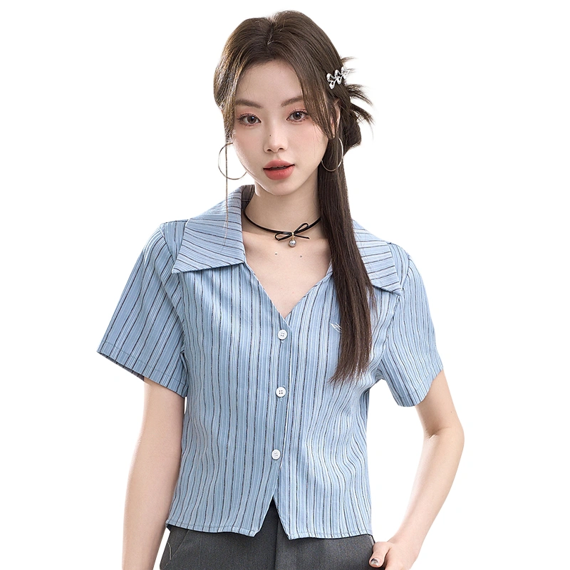 Women's Button Down Shirts Short Sleeve Striped Print Lapel Tops