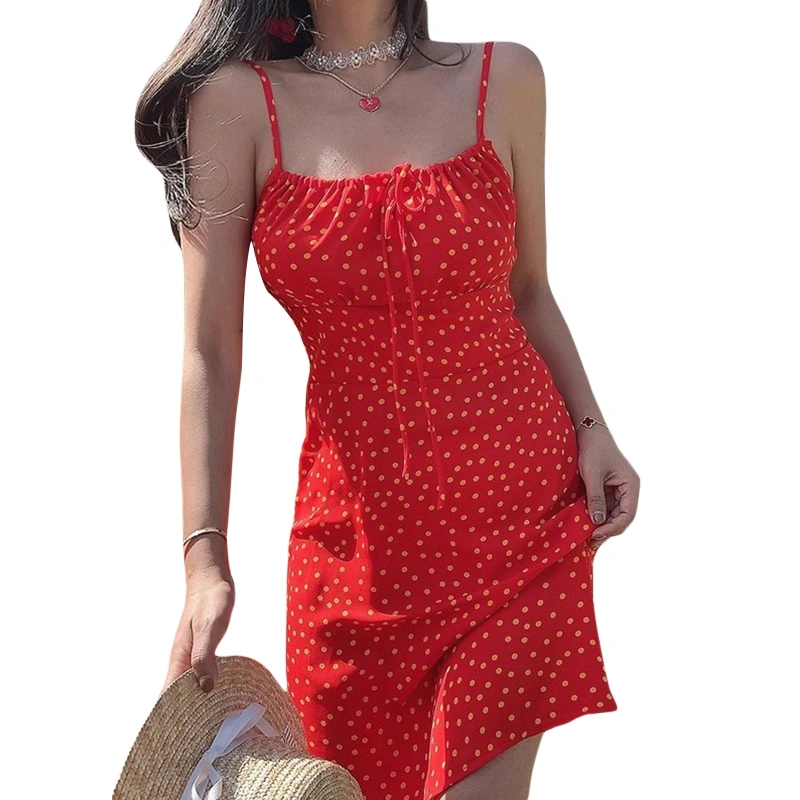 Women Dot Print Dress Sleeveless Open Back Spaghetti Strap Dress