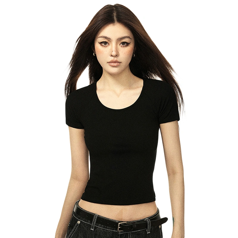 Women's Summer Slim Crop Tops Short Sleeve Back Sheer Mesh T-Shirt