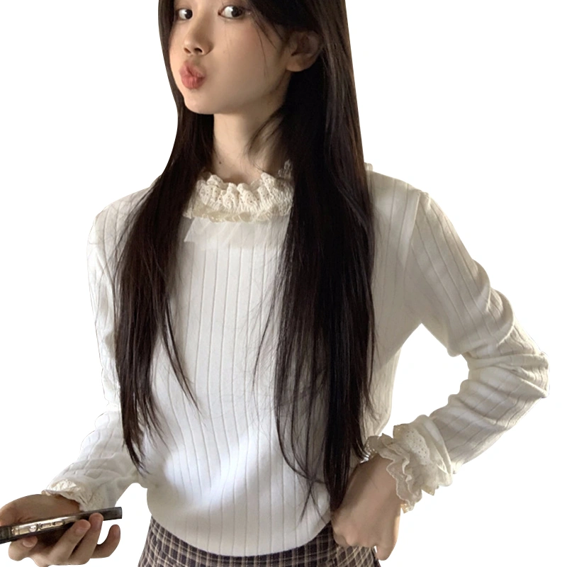 Womens Crop Ribbed Knit Tops Fitted Lace Trim Long Sleeve Shirt