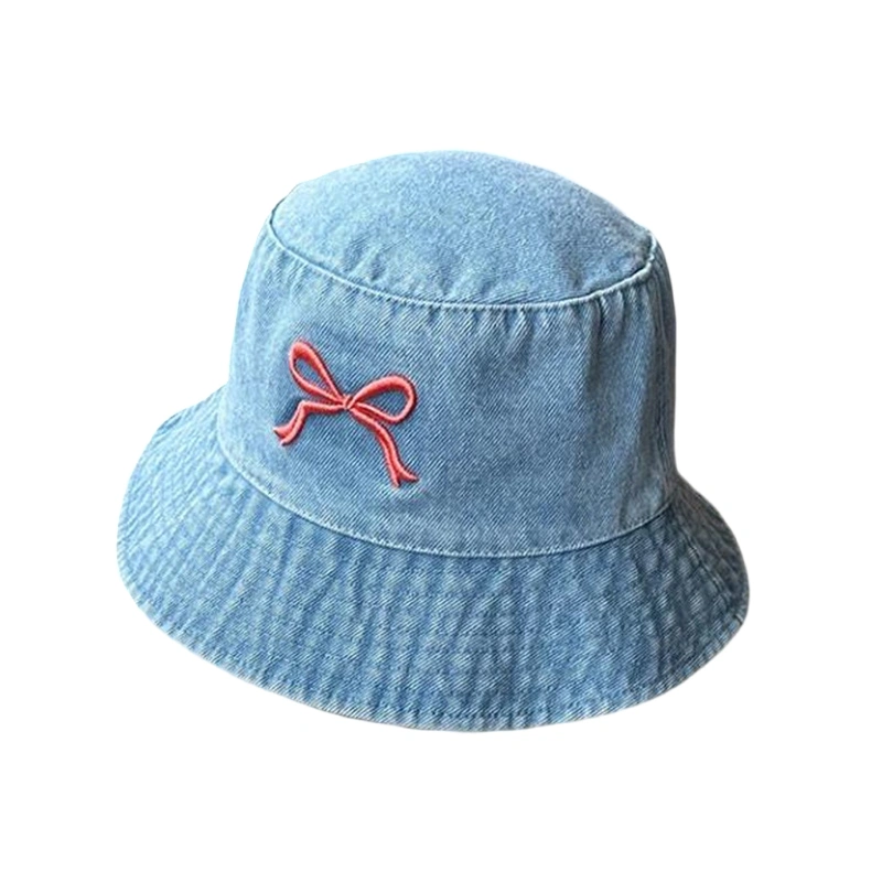 Women Summer Denim Sun Hat Bow Embroidery Sun Protection Fisherman Hat