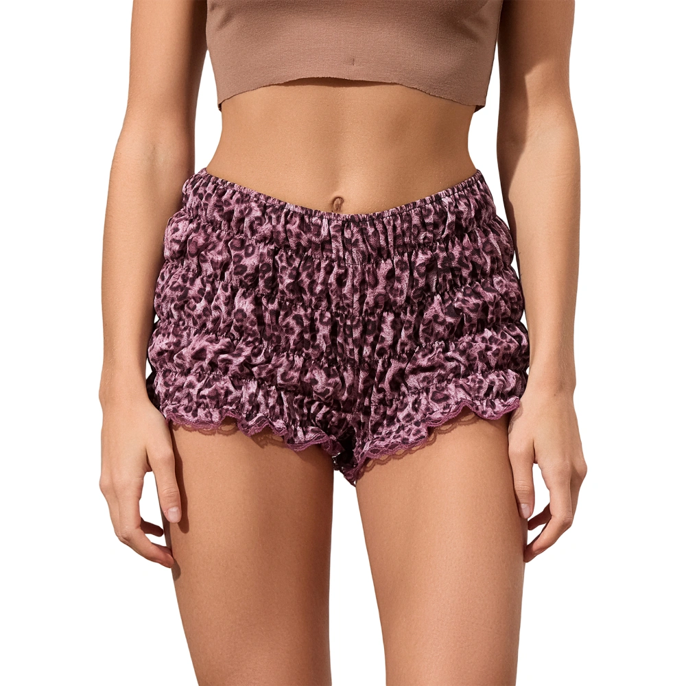 Women Leopard Shorts Tiered Smocked Low Rise Lace Trim Short Pants