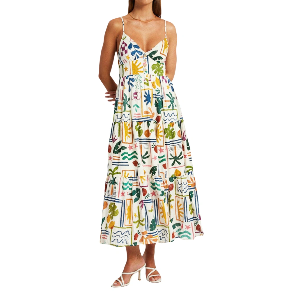 Women's Cami Dress Palm Leaves Print Spaghetti Strap V-Neck Dress