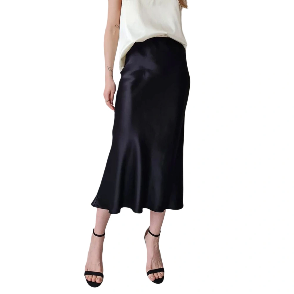 Women High Waist Skirt Solid Color Long Satin Skirt for Travel