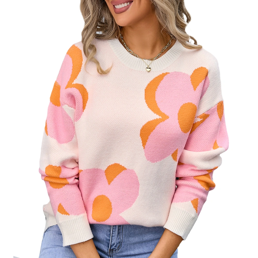 Women Knit Sweater Long Sleeve Crew Neck Flower Warm Pullover