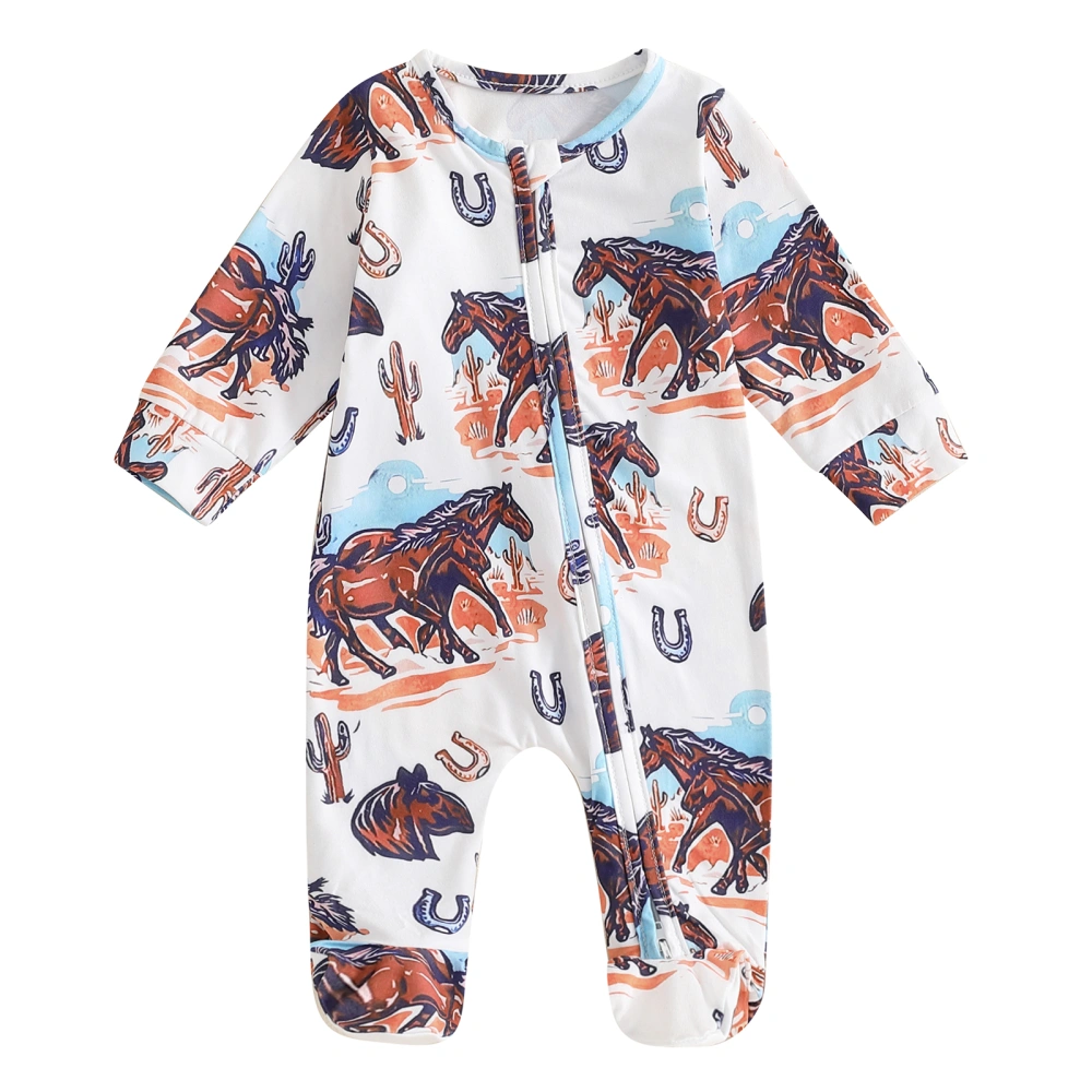 Baby Footies, Long Sleeve Crew Neck Horse Cattle Print Fall Jumpsuit