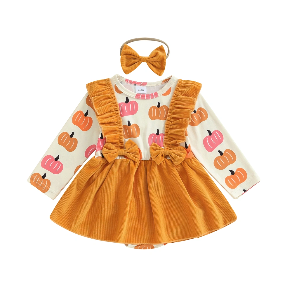 Girls Halloween Romper Dress Pumpkin Print Romper with Headband