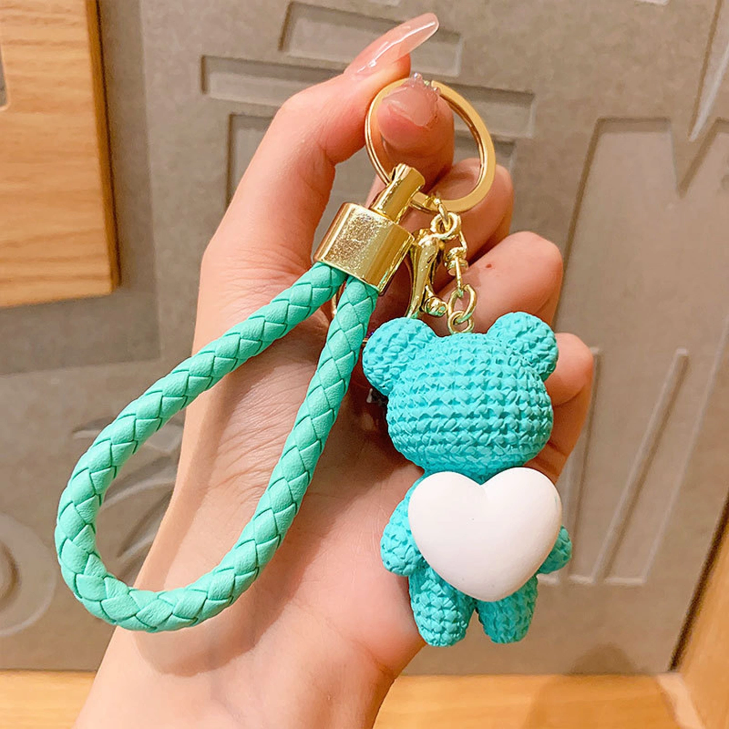 Woven Bear Heart Keychain Cute Key Ring Purse Charms Pendant for Car 