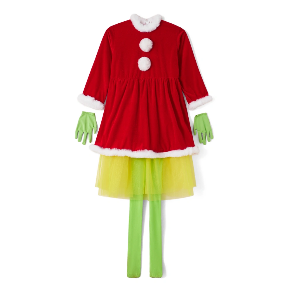 Girl Green Monster Costume, Long Sleeve Dress Stockings Gloves Skirt 