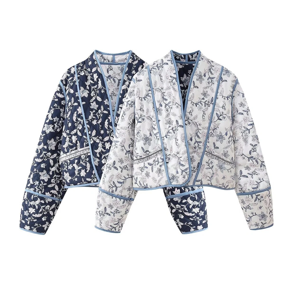 Women's Cropped Puffer Jacket Long Sleeve Floral Print Quilted Coat