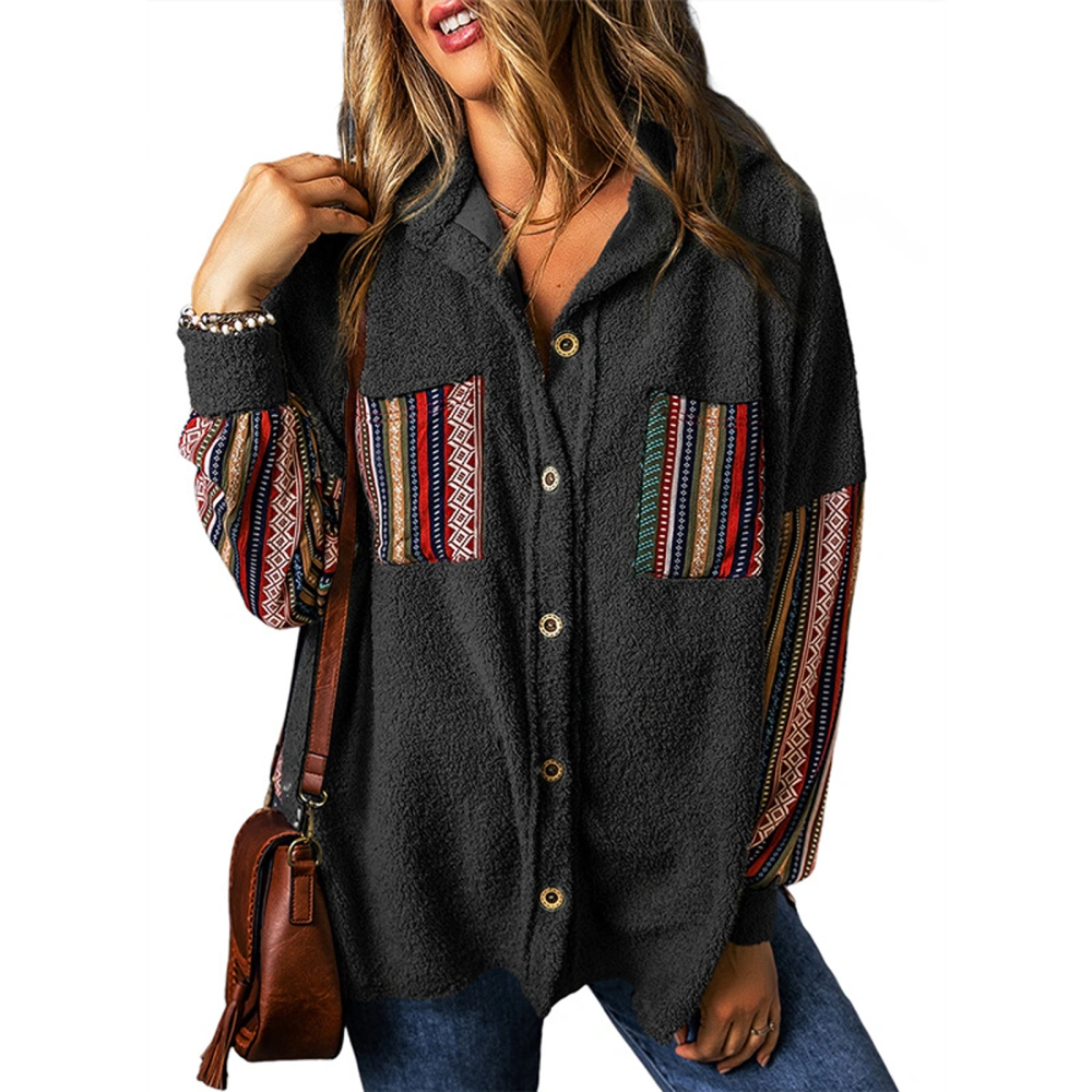 Women Corduroy Shirt Jacket Vintage Stripe Print Button Cardigan