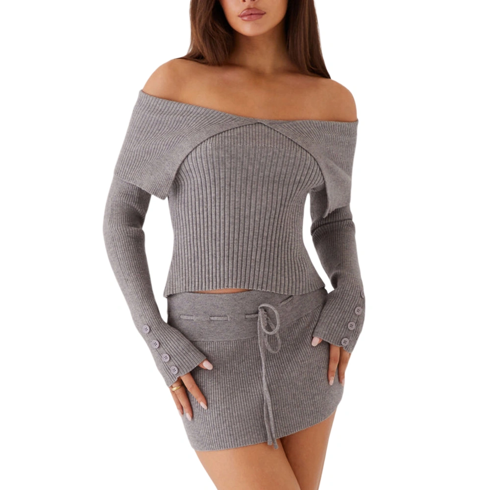 Women 2 Piece Outfits Rib Knit Off-Shoulder Sweater and Mini Skirt Set