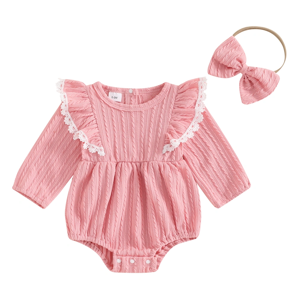 Baby Girls Set Lace Ruffled Trim Ribbed Romper Bow Headband Outfits