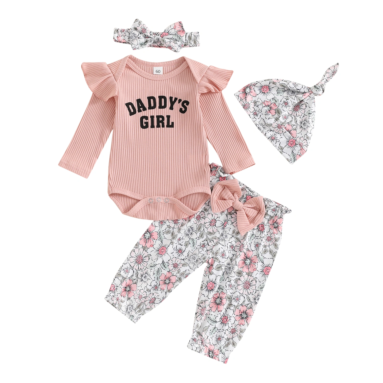 Baby Girl Sets Letter Romper Floral Bow Pants Hat Headband Outfit