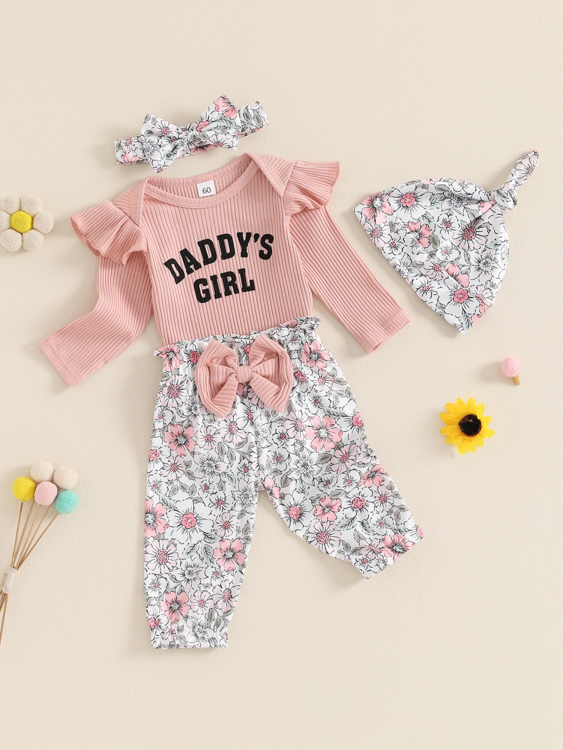Baby Girl Sets Letter Romper Floral Bow Pants Hat Headband Outfit