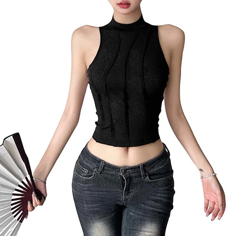 Women’s Patchwork Tank Tops Sleeveless Crew Neck Slim Fit Crop Tops