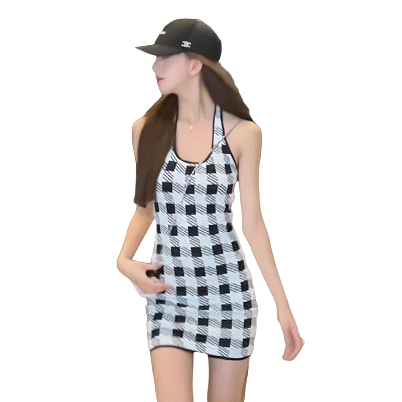 Women Mini Halter Neck Dress Sleeveless Open Back Plaid Dress