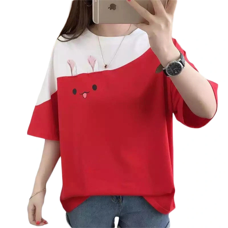 Women's Tunic Tops Fashion Bunny Print Short Sleeve Patchwork T-Shirts