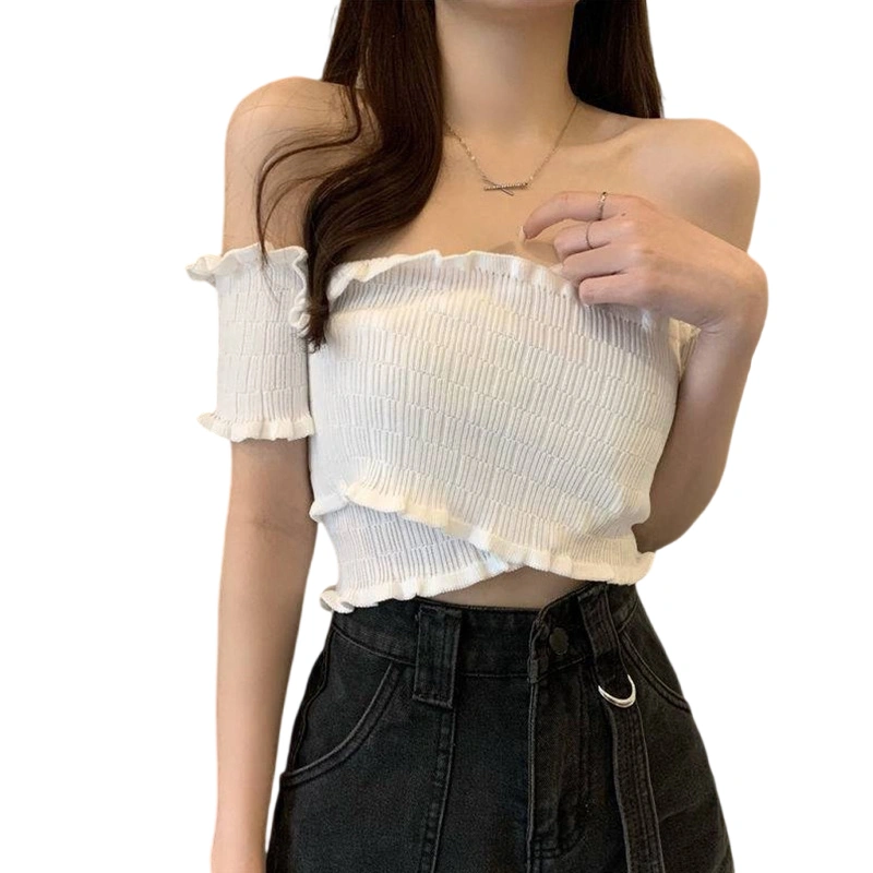 Women Off Shoulder Crop Tops Solid Color Lettuce Trim Casual T-Shirts