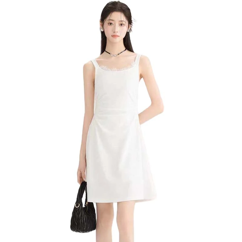 Womens Lace Trim Tank Dress A-Line Ruched Sleeveless Mini Dress 