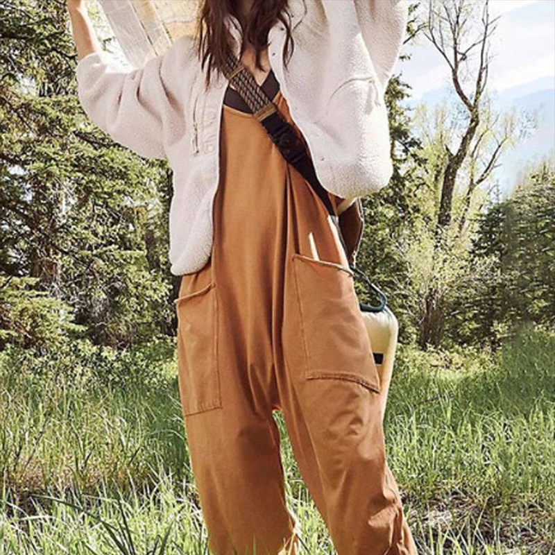 Women Loose Bib Overalls V-Neck Loose Baggy Jumpsuit with Pockets