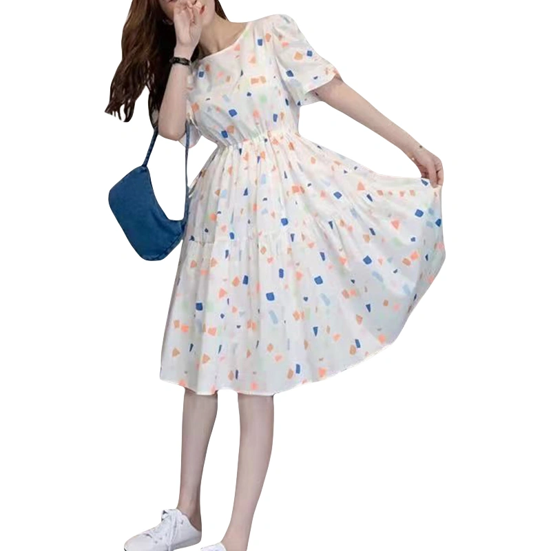 Women A-line Chiffon Dress Short Sleeve Round Neck Pattern Print Dress