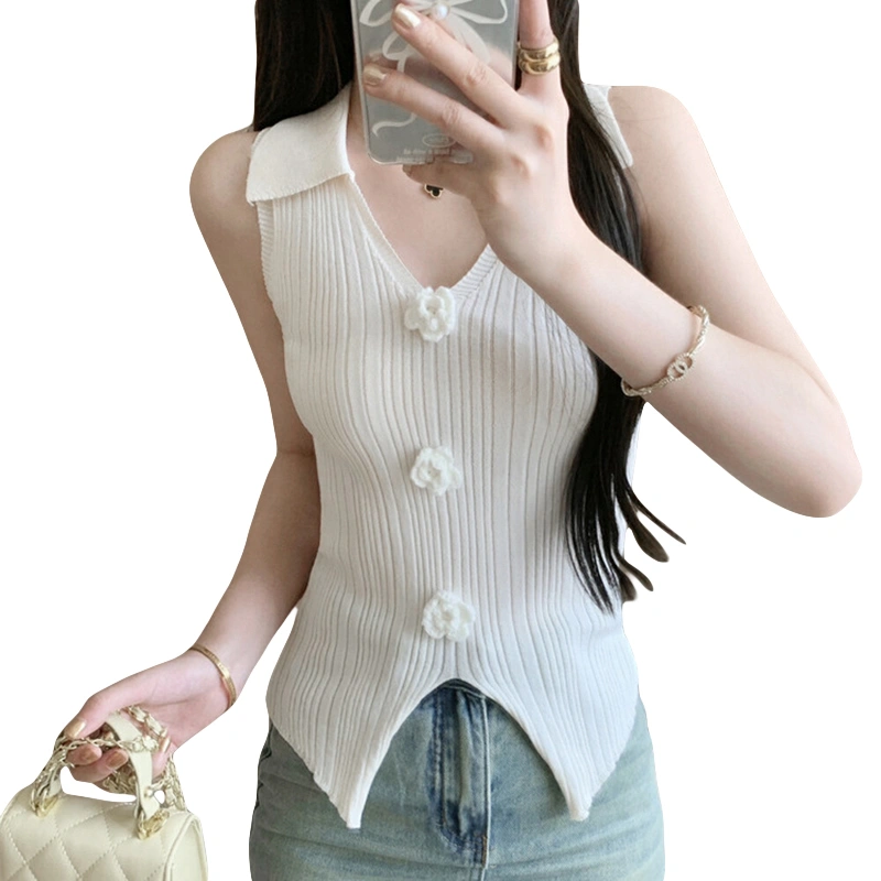 Women's Knit Tank Tops Basic Sleeveless Lapel Collar 3D Flower Tops