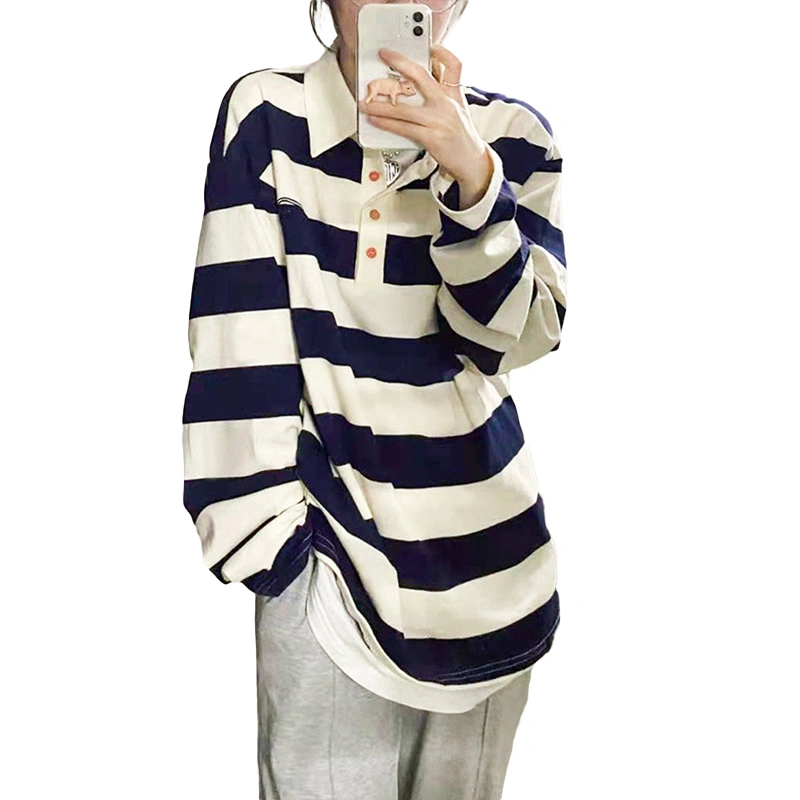 Women's Spring Casual Tops Long Sleeve Lapel Striped T-shirts