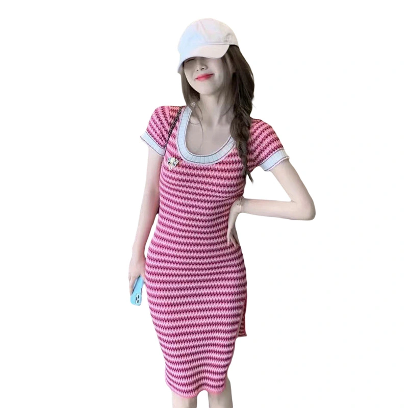 Women Bodycon Knitted Dress Bow Brooch Wavy Striped Slit Short Dress