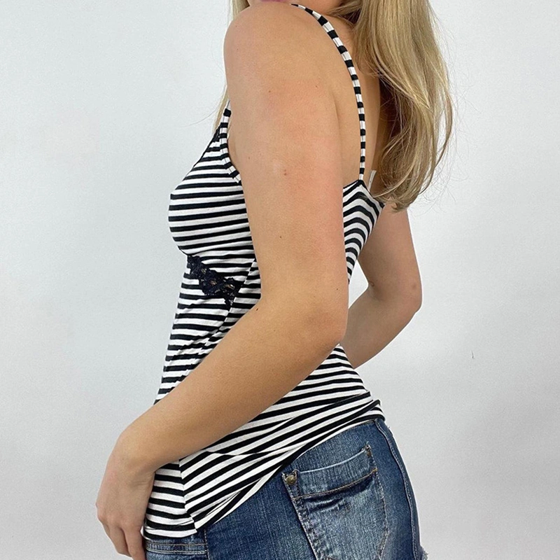 Women Summer Camisole Casual Striped Print Lace Trim Tank Tops