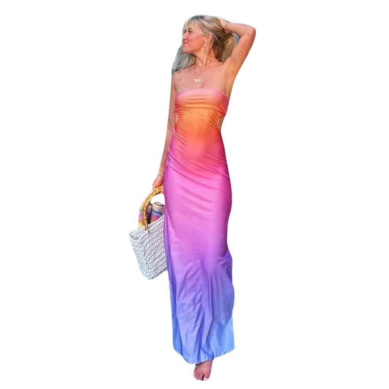 Women's Side Split Tube Dress Strapless Gradient Print Long Dress